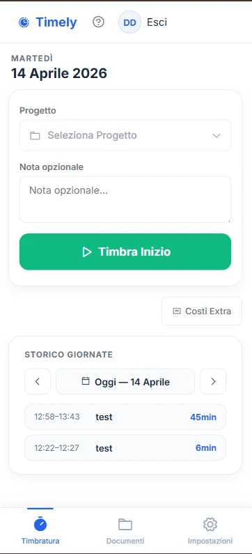 L'app Timely sul telefono per timbrare