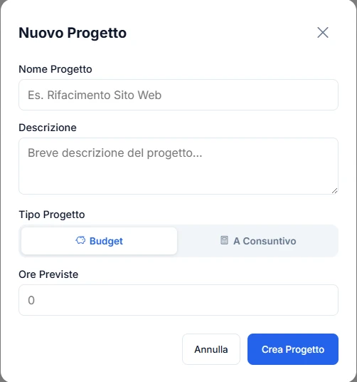 Creazione di un nuovo progetto in Timely, a budget o a consuntivo
